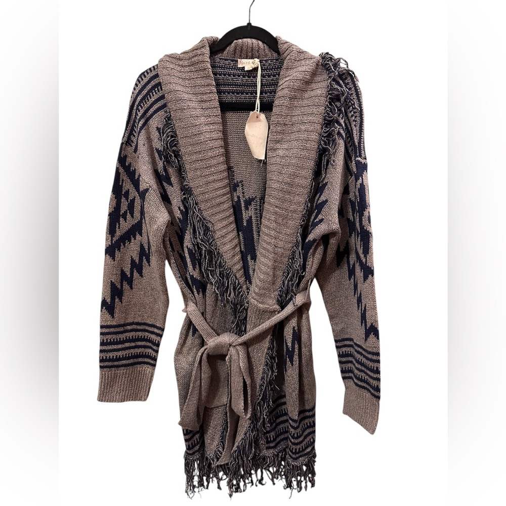 Hem & Thread Fringe Knit Cardigan in Tan and Navy
